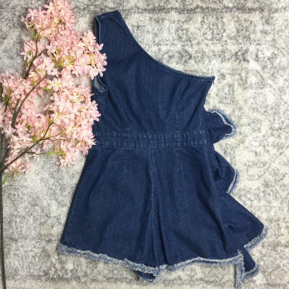 Do + Be Denim One Shoulder Ruffle Romper 1E - Picture 2 of 5